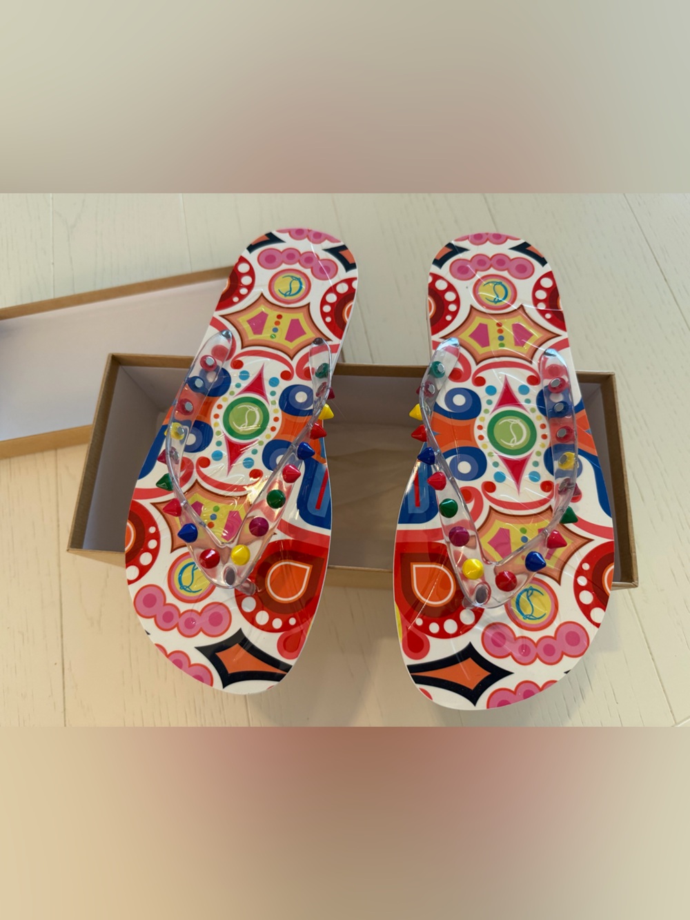 Christian Louboutin Multicolor Studded Printed Flip Flop Sandals